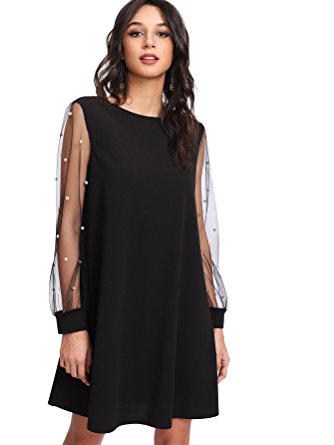 DIDK Women's Velvet Tunic Dress With Embroidered Floral Mesh Bishop Sleeve