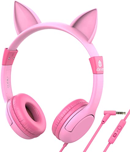 [Upgrade] iClever HS01 Boostcare Kids Headphones, Cat Ear Hello Kitty Headphones for Kids on Ear for Boys Girls, Adjustable 85/94dB Volume Control, Childrens Headphones with MIC for School/Tablet, Pink