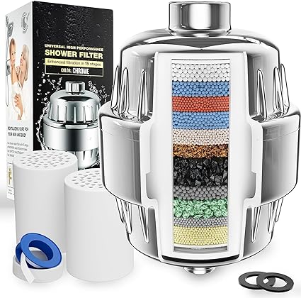 FEELSO FE-15 PRO abs shower and tap filter for hard water with 15 stage Hard Water Softener Cartridge - Universal Shower Head Water Softener (Chrome FE-18   2 Cartridge)
