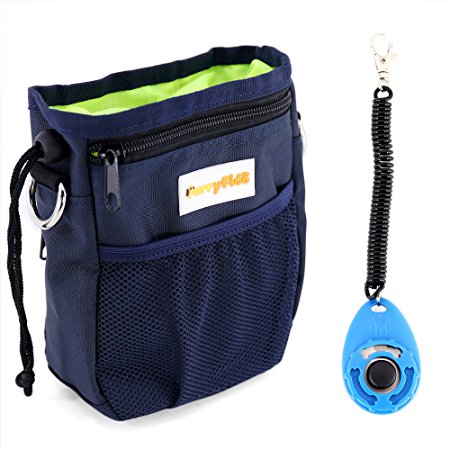 Dog Treat Pouch with Waste Bags Dispenser, FurryFido Dog Training Pouch with Extra Long Waist Belt and Over Shoulder Strap, Carries Treats, Toys, Keys etc. ( One Set of Training Clicker) (Blue)