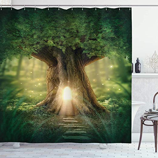 Ambesonne Tree Shower Curtain, Tree of Life Themed Arrangement with Thirving Jungle Spring Season, Cloth Fabric Bathroom Decor Set with Hooks, 70" Long, Brown Yellow