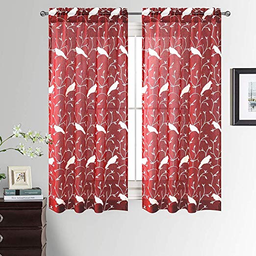 VOGOL Sheer Curtains 63 Inch Length, White Bird Embroidered Red Sheer Curtains for Bedroom, Kitchen, Small Windows, W42 X L63, 2-Panel Pack