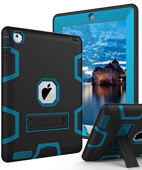 iPad 4 Case,iPad 3 Case,iPad 2 Case,TIANLI(TM) ArmorBox [Three Layer] Convertible [Heavy Duty] Rugged Hybrid Protective With KickStand Case For iPad 2 /iPad 3 /iPad 4,Black Blue