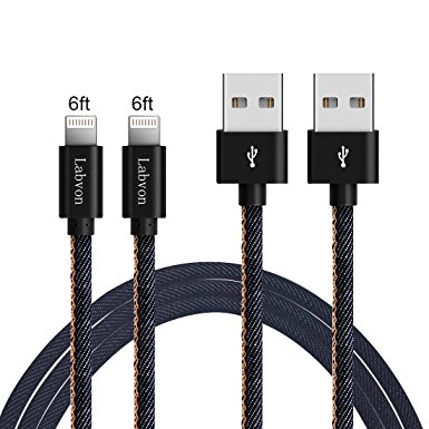 Labvon iPhone Cable Cowboy Leather High Speed Charging USB Cable for iPhone 5/6/6splus/7（2-Pack 6ft） (Blue)