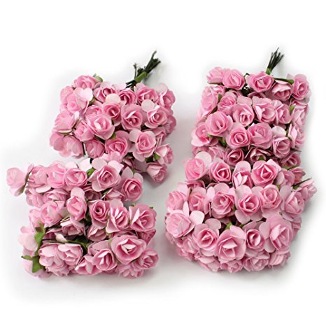 144pc Beautiful Artificial Paper Rose Flower Wedding Card Embellishment - Pink