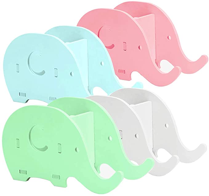 4 Pcs Elephant Shape Cell Phone Stand & Desk Pencil Pen Holder, AIFUDA Wood Stationery Multifunctional Organizer Decoration - Office Adults Kids - White, Blue, Green, Pink