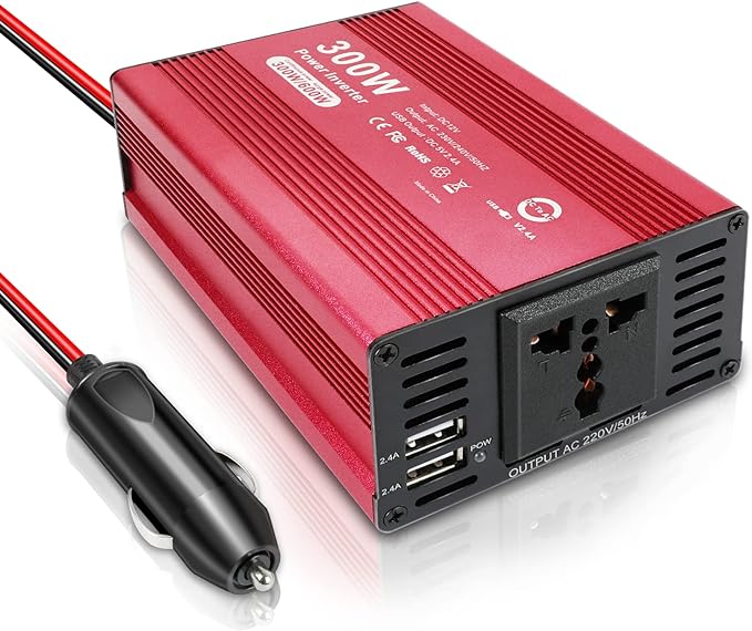 ASUNCELL 300W Car Power Inverter 12V to 240V Car Power Converter DC 12V to AC 230V 240V Dual USB 2.4A Charging Ports, invert to charge Laptop, iPad, iPhone, Tablet, Consoles, Aluminum Body