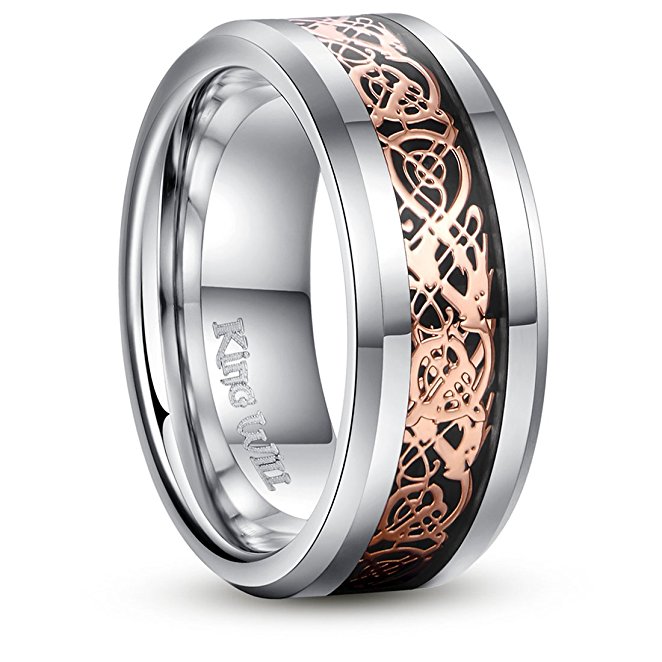 King Will DRAGON 8mm Rose Gold Plated Celtic Dragon Tungsten Carbide Wedding Band Ring Size7-15