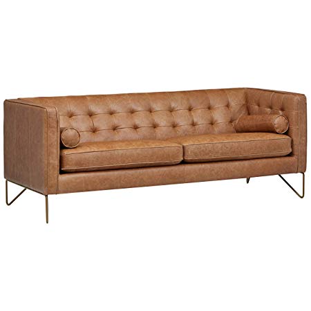 Rivet Brooke Contemporary Leather, Metal Leg Sofa, 82"W, Cognac