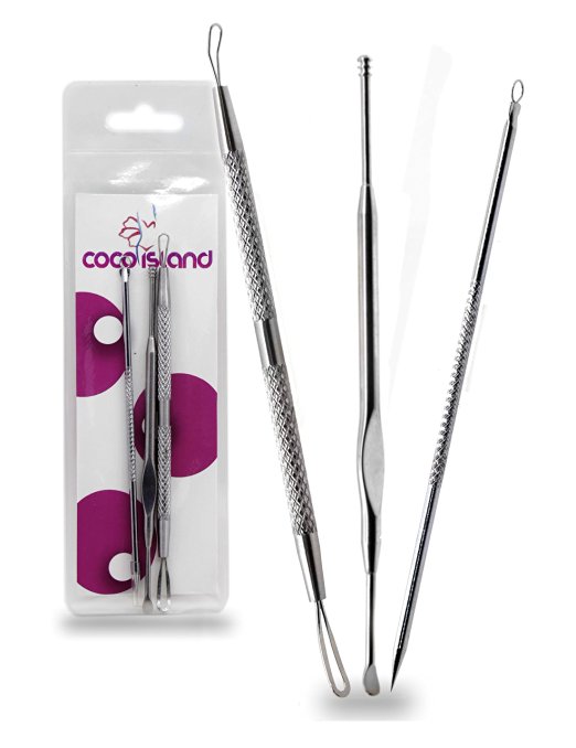 CoCo Island Comedone Extractor Tool Set Plus Ear-Pick For Blackhead, Facial Acne, And Comedones and Ear Wax Removal (3 Pcs)