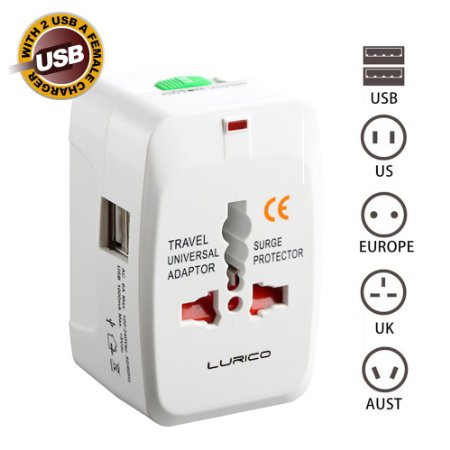 LURICO 2 USB Charging Port (1A) Universal Travel Adapter AC Power All in One Universal Plug Adapter Power Plug Adapter Wall Adapter Adaptor Charger Multi-Socket Outlet, White