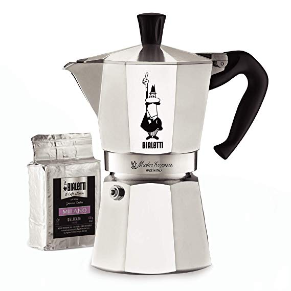 Bialetti 06651 Moka Express Stovetop Maker with Free Ground Coffee, 6-Cup & Coffee, Silver