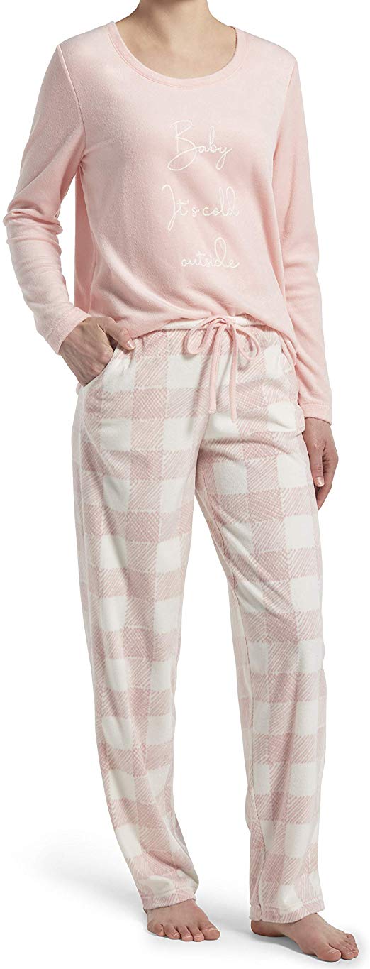 HUE Women's Sueded Fleece Long Sleeve Tee and Pant 2 Piece Pajama Set