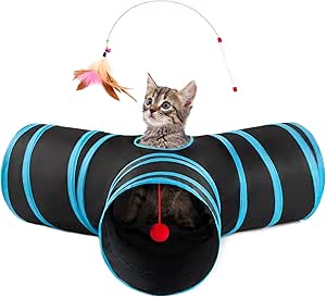 Love's cabin Cat Tunnel Tube Cat Toys 3 Way Collapsible, Cat Tunnels for Indoor Cats，Kitten Tunnel Bored Pet Cat Play Tunnel with Peek Hole Toy Ball for Cat, Kitty, Kitten, Rabbit, Puppy Blue