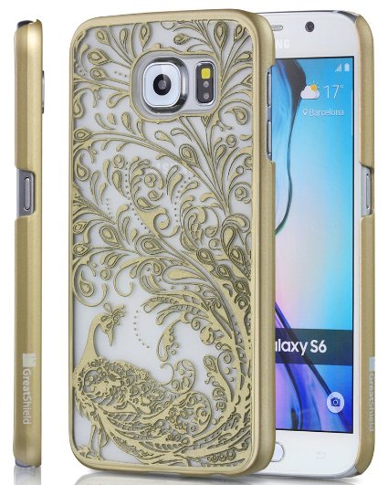 Samsung Galaxy S6 Case, GreatShield [TACT | Peacock Design] Ultra Slim Fit Flower Pattern Case Back Cover for Samsung Galaxy S6 (Gold)