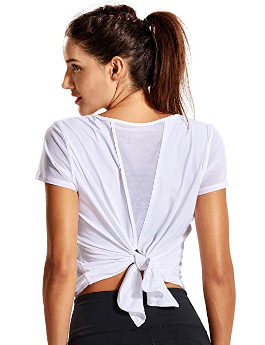 CRZ YOGA Women's Yoga Workout Mesh Shirts Activewear Cute Open Tie Back Sports Shirt Tops