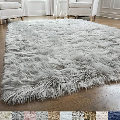 GORILLA GRIP Original Premium Faux Fur Area Rug, 2 FT x 4 FT, Softest, Luxurious Carpet Rugs for Bedroom, Living Room, Luxury Bed Side Plush Carpets, Rectangle, Light Gray