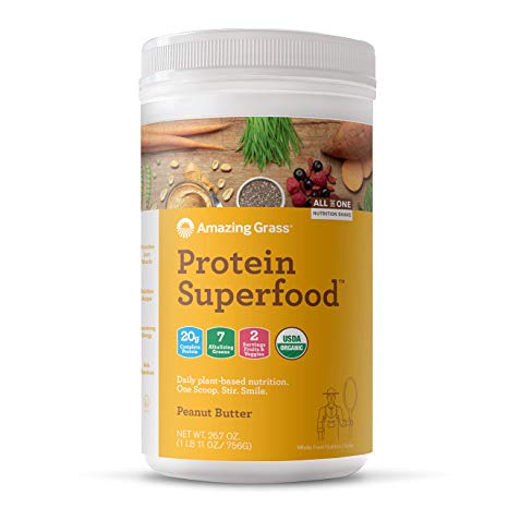 Amazing Grass Protein Superfood: Organic Vegan Protein Powder, Plant Based Meal Replacement Shake with 2 servings of Fruits and Veggies, Peanut Butter Flavor, 18 Servings