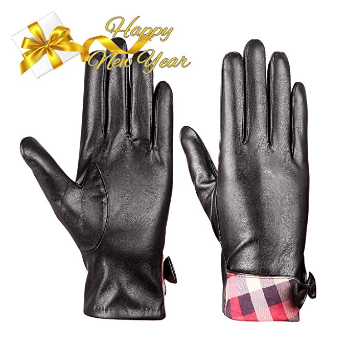 MEZETIHE Women Winter Lambskin Leather Gloves Ladies Touch Screen Texting Warm Driving Leopard Bow Gloves with Cashmere