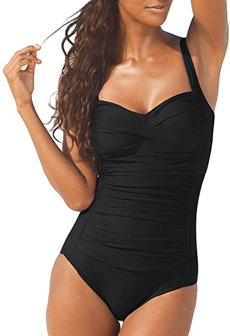 Hilor Women's One Piece Swimsuits Front Twist Bathing Suits Tummy Control Swimwear Retro Inspired Monokini