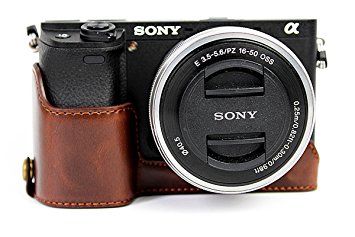 CEARI PU Leather DSLR Camera Half Case Bottom Mount for Sony Alpha A6000 A6300 - Coffee