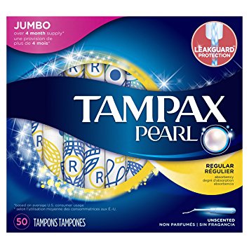 Tampax Pearl Plastic Tampons, Regular Absorbency, Unscented, 50 Count