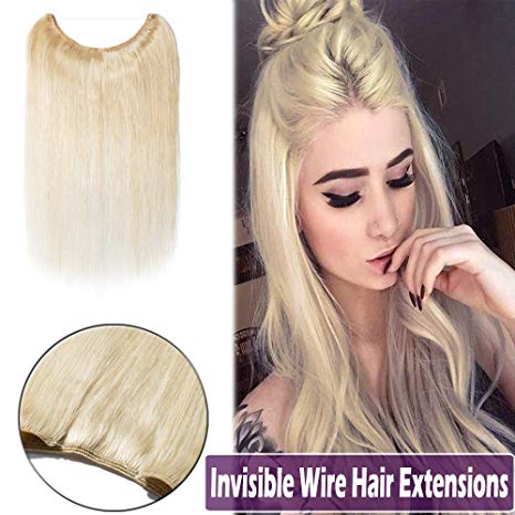 16" 60g Remy Human Hair Hidden Wire Extensions Secret Hair Extensions Long Straight No Clips No Glue Hairpieces Invisible Fish Line in #60 Platinum Blonde