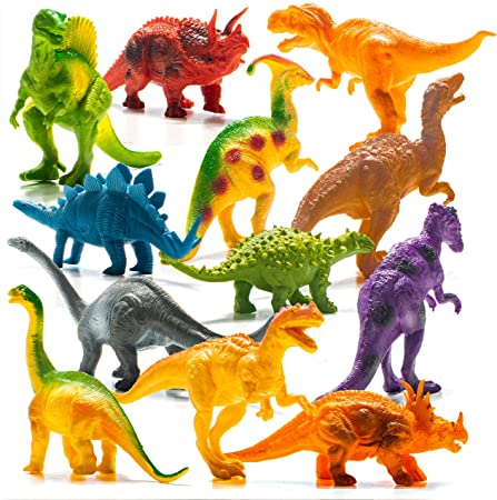 Prextex Realistic Looking 7" (18cm) Dinosaurs Pack of 12 Large Plastic Assorted Dinosaur Figures With Book