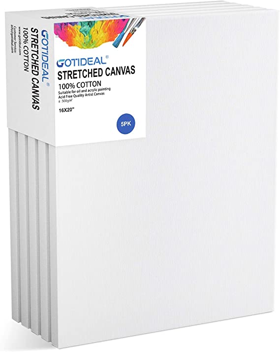 GOTIDEAL Stretched Canvas, 16x20" Inch Set of 5, Primed White - 100% Cotton Artist Canvas Boards for Painting, Acrylic Pouring, Oil Paint Dry & Wet Art Media