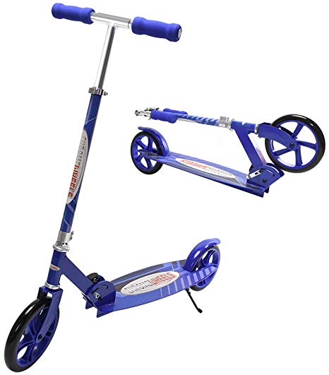 ChromeWheels Kick Scooter, Deluxe 5 Adjustable Height 8" Large 2-Wheels with Kickstand Foldable Freestyle Pro Scooter, for Age 9 up Kids Teens, 200lb Weight Limit, Blue