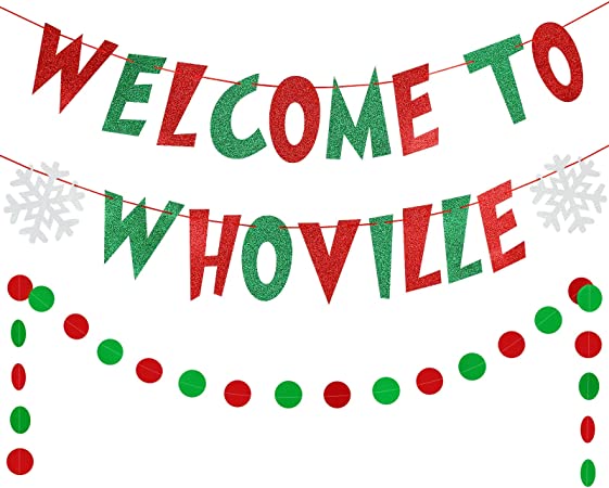 Red and Green Glitter Welcome To Whoville Banner, Grinch Christmas July Decorations, Merry Grinchmas Banner for Fireplace Mantle Home, Xmas Birthday Party Decorations, Christmas Vacation Holiday Decorations