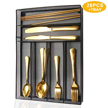 Silverware Set,WOAIWO-Q 28 PCS Stainless Steel Flatware Set for 4 People, Cutlery With Wire Mesh Holder Storage Trays Mirror Polish,Dishwasher Safe (Gold)