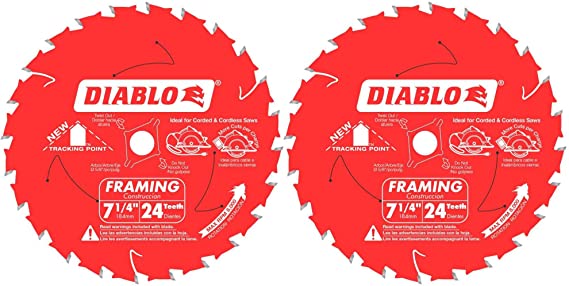 Freud D0724A Diablo 7-1/4-Inch 24 Tooth ATB Framing Saw Blade with 5/8-Inch & Diamond Knockout Arbor (2 Pack)