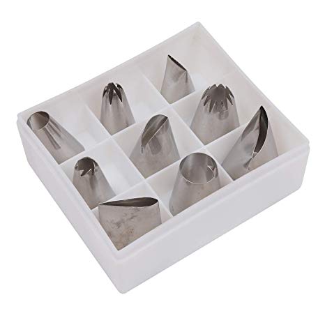 Cake Decorating Kit/Stainless Steel Piping Nozzles Tips 9 Pcs - DIY Large Icing Nozzles for Baking, Cakes, Cup Cakes, Cookies and Pastry with Plastic Storage Box