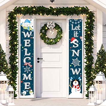 Christmas Decoration Set Christmas Porch Sign Welcome Merry Christmas Banner Christmas Hanging Garland for Frozen Winter Wonderland Party Decoration Xmas Winter Snow Party (Black Blue Let It Snow)