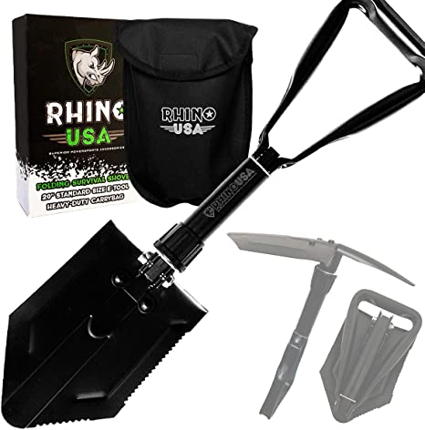 Rhino USA Folding Survival Shovel - Best Entrenching Camping Tool Available Carbon Steel Design for Ultralight Durability - Beach Camp Hiking Backpacking Recovery - Guaranteed!