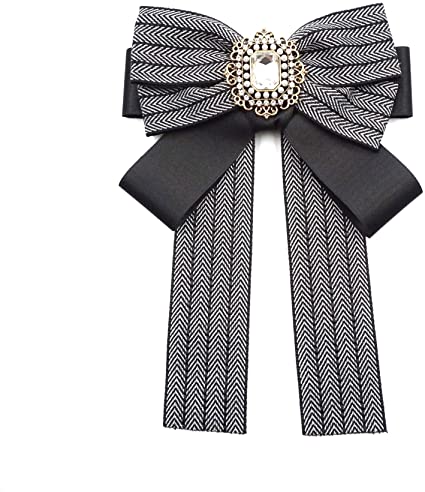 Fashion bow brooches for women bow tie brooch pin corsage neck Tie Rhinestone Crystal Brooches Pin Clip fabric jabot collar ribbon brooches for women (black/SR-107)