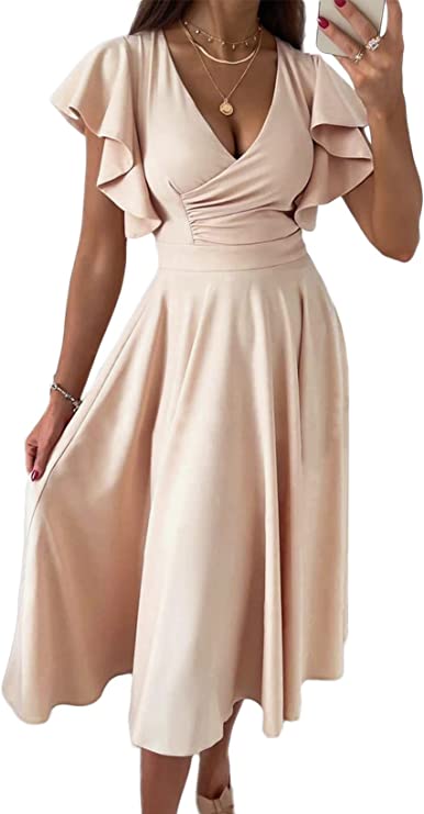 Asvivid Wedding Guest Dresses for Women 2023 Summer V Neck Midi Rehearsal Dinner Long Dress