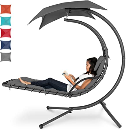 Best Choice Products Hanging Curved Chaise Lounge Chair Swing for Backyard w/Pillow, Canopy, Stand - Charcoal Gray