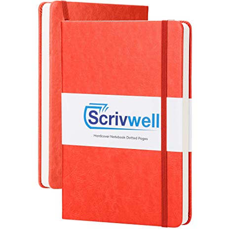 Scrivwell Dotted A5 Hardcover Notebook - 208 Dotted Pages with Elastic Band, Two Ribbon Page Markers, 120 GSM Paper, Pocket Folder - Great for Bullet journaling - Orange