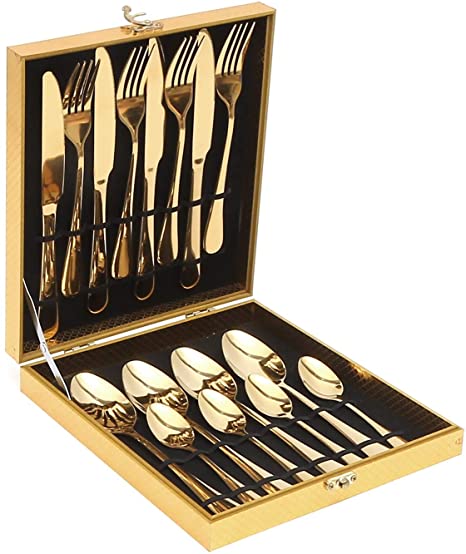 Lightahead 16pcs Stainless Steel Flatware Tableware Gold Colored Cutlery Set in attractive Golden Gift box (Golden)