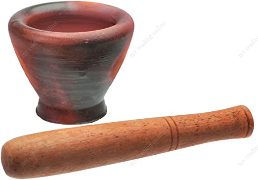 Thai & Laos Kruk Grinding Earthenware Clay Mortar with Palm Wooden Pestle, 9 Inches