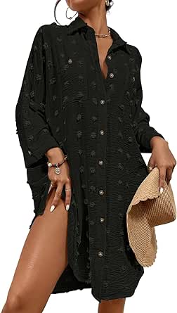 Bsubseach Women Swimsuit Coverup Blouse Button Down Shirt Dresses Swiss Dot Tops