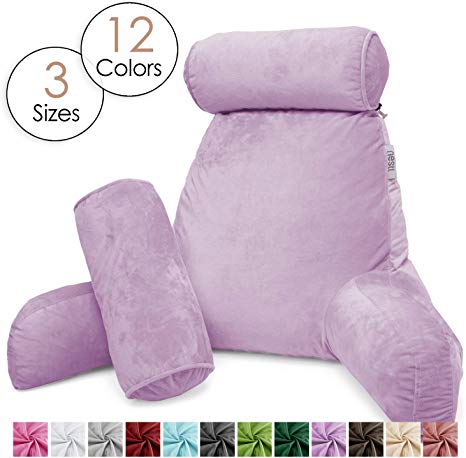 Nestl Reading Pillow, Includes 1 Extra Large Bed Rest Pillow with Arms   2 Detachable Pillows - Premium Shredded Memory Foam TV Pillow, Neck Roll & Lumbar Support Pillow - Set of 3 - Lavender Purple