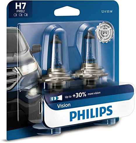 Philips H7 Vision Upgrade Headlight Bulb with up to 30% More Vision, 2 Pack