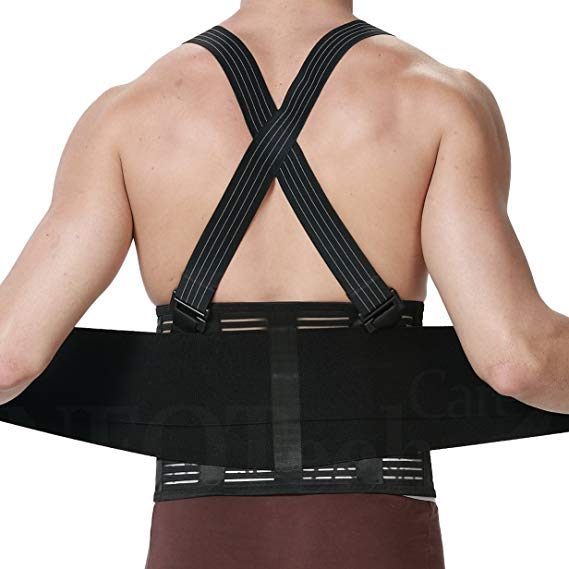 Back Brace with Suspenders for Men - Adjustable - Removable Shoulder Straps - Lumbar Support Belt - Lower Back Pain, Work, Lifting, Exercise, Gym - Neotech Care Brand - Black - Size M, L, XL, XXL