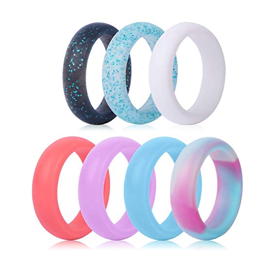 Vinsguir Silicone Wedding Rings for Women, 7-Pack Comfortable Fit, Skin Safe, Non-Toxic, Silicone Wedding Ring (0.22 Inch Wide)
