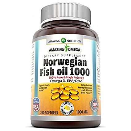 Amazing Omega Norwegian Fish Oil - 1000 mg, 250 Softgels Purest & Best Quality Fish Oil, Extracted Under Strict Quality Standards From Around The Waters of Norway