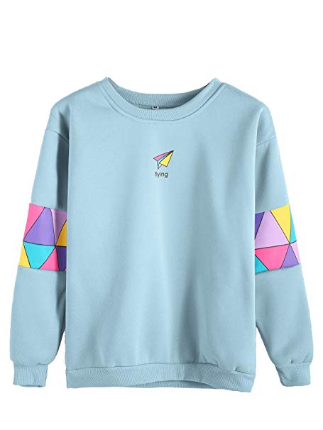 Romwe Women's Top Long Sleeve Color Block Paper Airplane Graphic Print Patchwork Trim Tee Shirt Sweatshirt