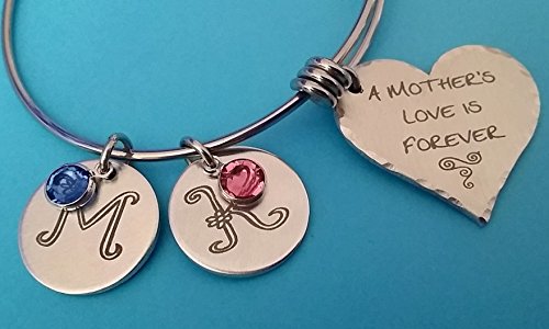 Custom Engraved Stainless Steel Bangle Mother's Bracelet | A Mothers Love is Forever | Swarovski Channel Set Birthstone Crystals